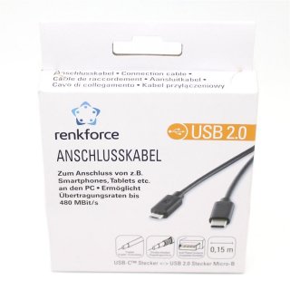 Renkforce USB 2.0 Anschlusskabel [1x USB-C? Stecker - 1x USB 2.0 Stecker Micro-B] 0.15 m Schwarz vergoldete Steckkontakt